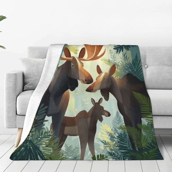 Moose Blanket Family In Sunlight Forest, Soft Cozy Flannel Throw For Couch And Sofa, Whimsical Nature Home Decor 50x40