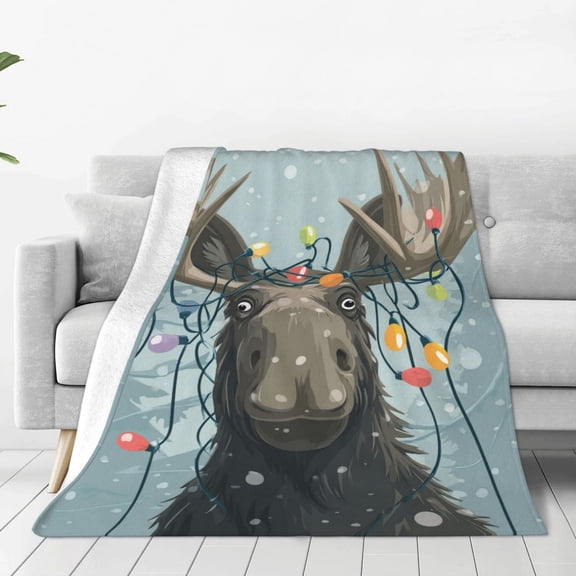Moose Blanket Festive Colorful Bulbs Snowing, Warm Soft Flannel Throw For Living Room, Unique Winter Wildlife Decor 50x40