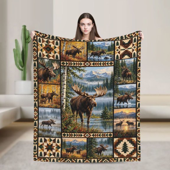 Moose Blanket Forest Mountain Wildlife Flannel Throw Blanket Gift for Men Who Love Moose 50x40 in