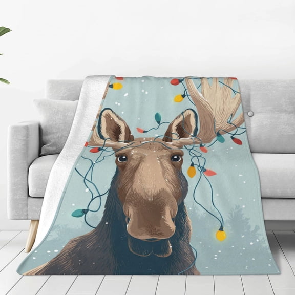 Moose Blanket Funny Antler Lights Winter Snow, Lightweight Plush Flannel Throw, Artistic Festive Holiday Accent 50x40