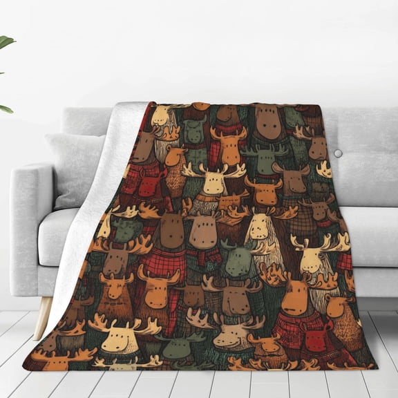 Moose Blanket Hand Drawn Woodland Animal Print, Warm Soft Flannel Throw For Living Room, Unique Wildlife Aesthetic Decor 50x40