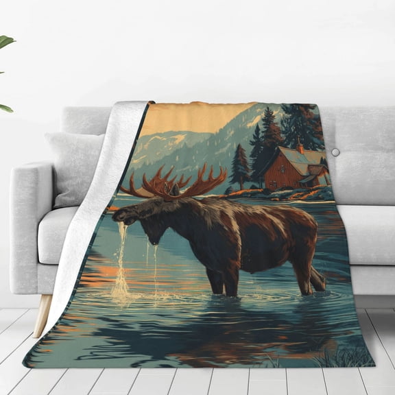Moose Blanket Majestic Wilderness Reflection Woods, Warm Soft Flannel Throw For Living Room, Unique Cabin Aesthetic Decor 50x40