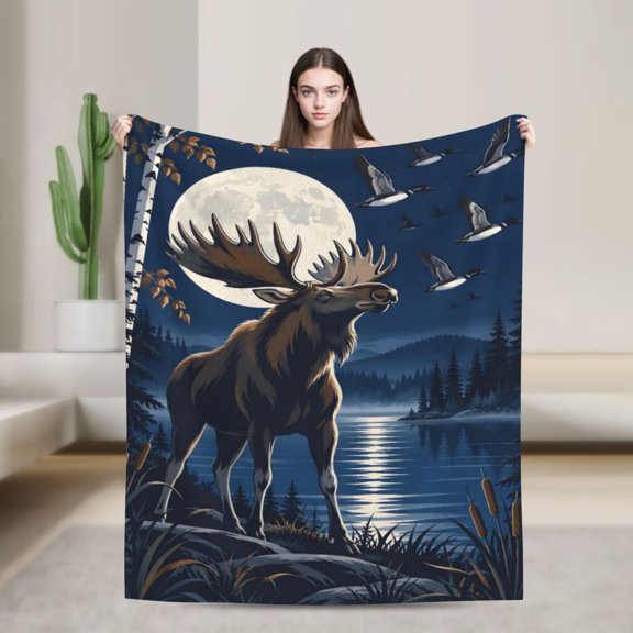 Moose Blanket Moon Night Lake Forest Wildlife Flannel Throw Blanket Gift for Men Who Love Moose 50x40 in