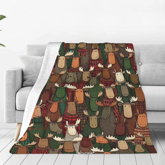 Moose Blanket Rustic Cabin Winter Pattern, Lightweight Plush Flannel Throw, Artistic Earthy Tone Home Accent 50x40