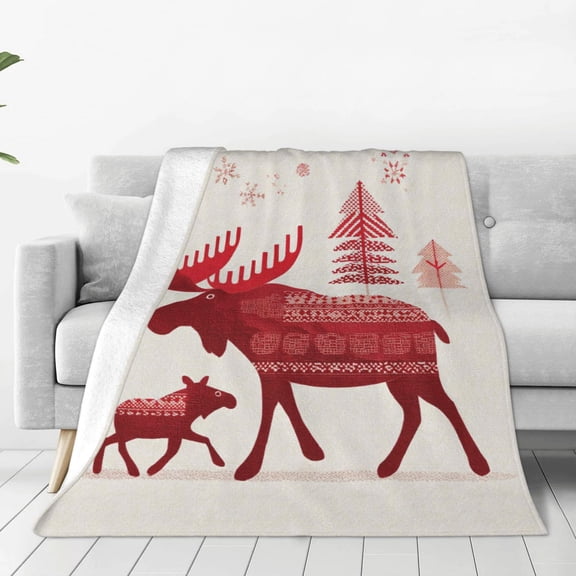 Moose Blanket Rustic Holiday Red Wildlife Design, Warm Soft Flannel Throw For Living Room, Unique Winter Forest Decor 50x40