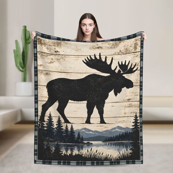 Moose Blanket Rustic Mountain Lake Flannel Throw Blanket Gift for Moose Lovers Men Women 50x40 in