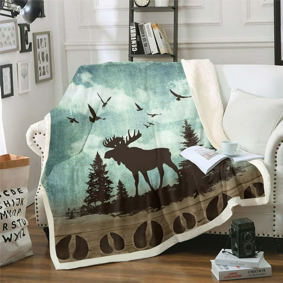 Moose Blanket Rustic Pine Trees 30"x40" Throw Blanket ,Woodland Animals Fleece Blanket Retro Brown Lodge Cabin Blankets,Wildlife Reindeer Elk Deer Paw Print Farmhouse Decor