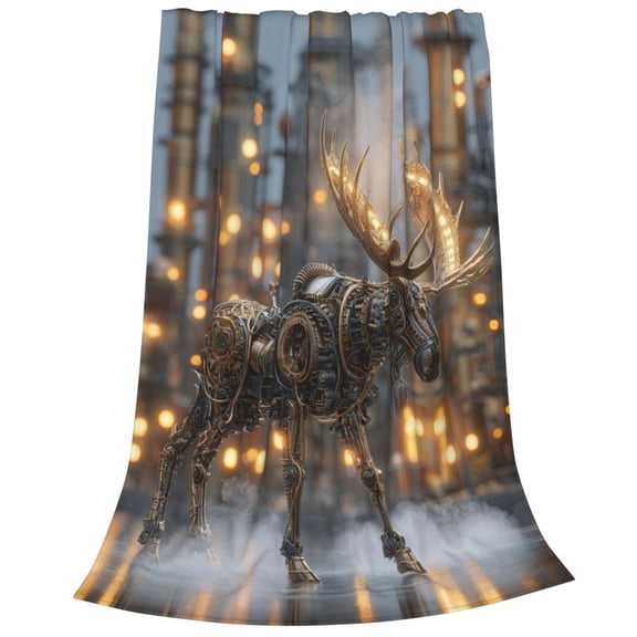 Moose Blanket, Steampunk Mechanical Flannel Throw, Industrial Metallic Decorative Fleece 50x40