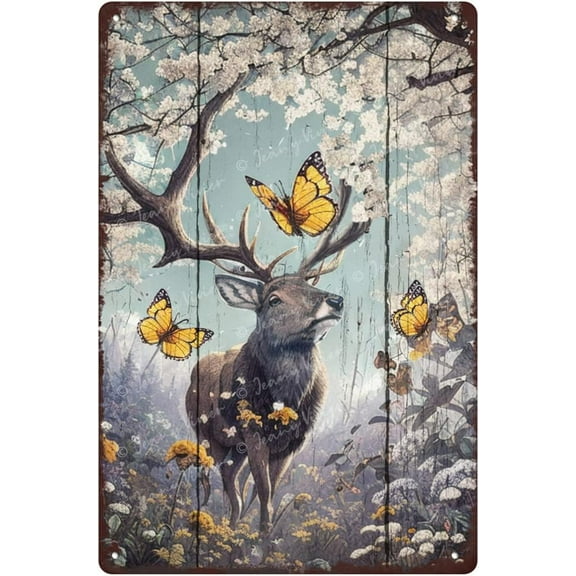 Moose and Butterfly Metal Tin Sign, Moose Wall Art, Moose Gifts for Moose, Forest Tin Sign, Nature Wall Decor, Floral Wall Art, Wildlife Decor, Rustic Farmhouse Wall Art 12x8 Inches