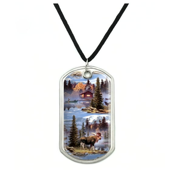 Moose Cabin Forest Woods Canoe Pattern Military Dog Tag Pendant Necklace with Cord