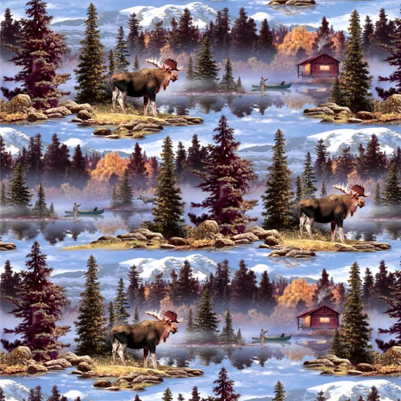 Moose Cabin Forest Woods Canoe Pattern Premium Roll Gift Wrap Wrapping Paper