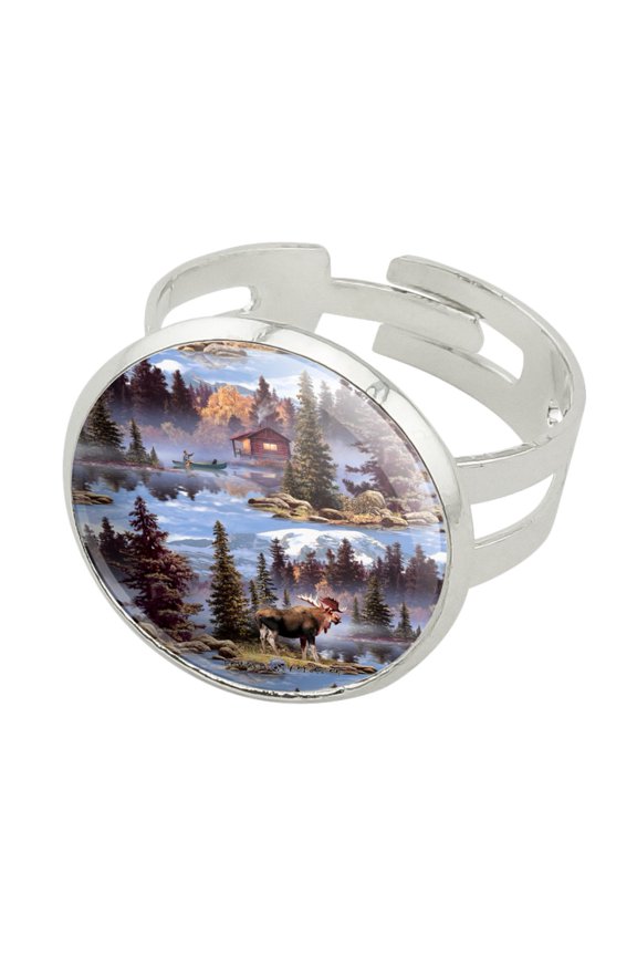 Moose Cabin Forest Woods Canoe Pattern Silver Plated Adjustable Novelty Ring