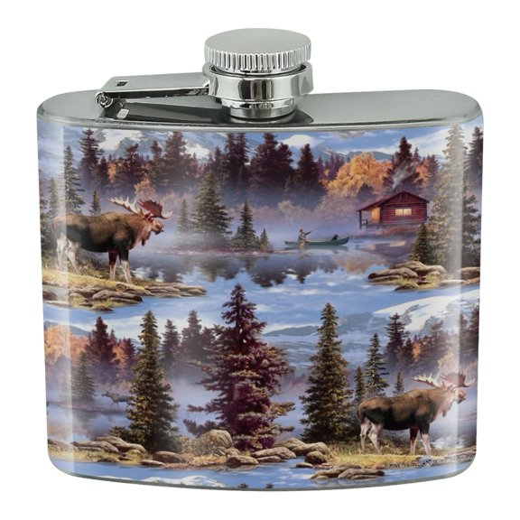 Moose Cabin Forest Woods Canoe Pattern Stainless Steel 5oz Hip Drink Kidney Flask