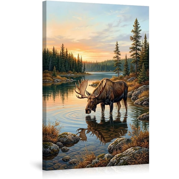 Moose Canvas Wall Art Nature Forest Landscape Sunset Lake Pictures Wildlife Poster Prints Rustic Cabin Lodge Decor for Living Room Bedroom Home Wall Decorations