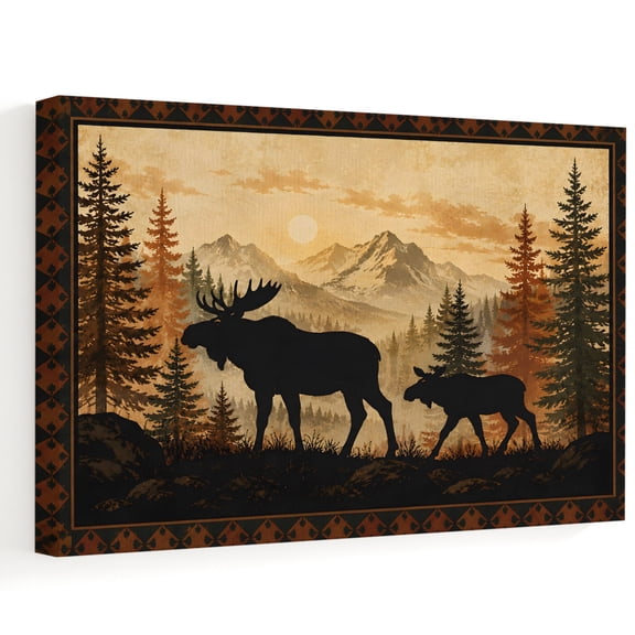 Moose Canvas Wall Art, Rustic Brown Wildlife Wilderness Pine Tree Forest Mountain Wall Art Prints Artwork Framed Canvas Ready to Hang Art Pictures for Hallway Living Dining Room Bedroom 24" x 16"