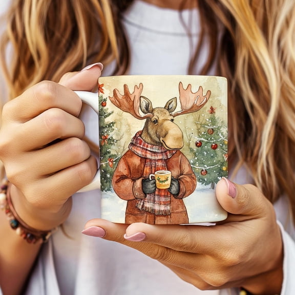 Moose Christmas Ceramic Coffee Cup, Festive Holiday Hot Cocoa Tea Mug, 11oz 15oz Gift for Coffee Lover, Rustic Woodland Decor Kitchen