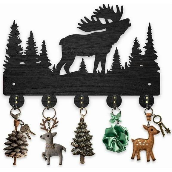 Moose Coat Racks Wall Mounted Wood Forest Animal Tree Key Hangers for Wall 11.87.9inch Black Key Holder 5 Alloy Hooks Christmas Home Decor Gifts Entryway Kitchen Bathroom Storage Organizer Black
