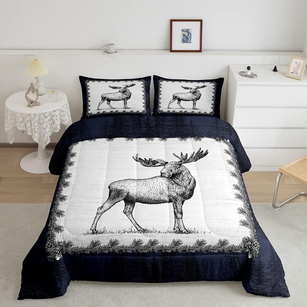 Moose Comforter Set King for Kids Teens Adults,Rustic Woodland Wild