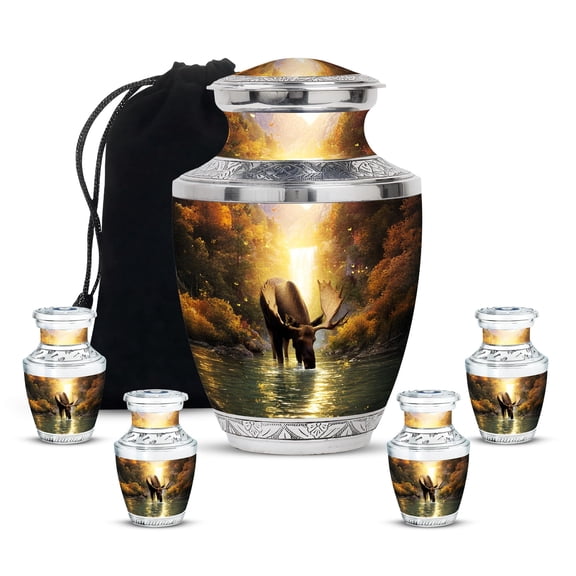 Moose Cremation Urns for Mother & Father, Memorial Urn For Human Ashes, Unique & Handcrafted Urns for Parents Ash, Burial And Funeral Urn, 10 Inch with 3 Inch Mini Keepsakes, Set Of 5