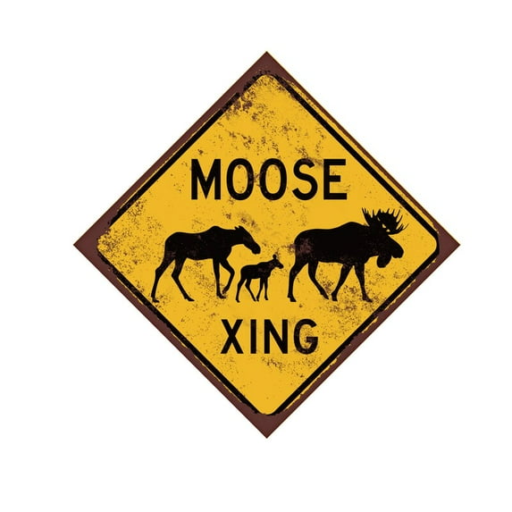 Moose Crossing Caution Sign - Moose Family Rustic Cabin Décor - Rusted or New Style Sign Size: 12 inch x 12 inch