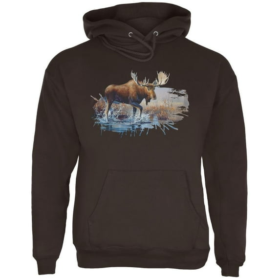 Moose Crossing the River Mens Hoodie Brown MD