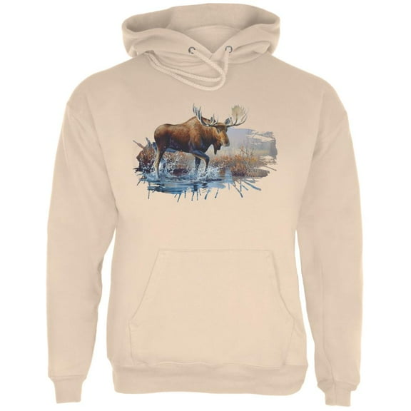 Moose Crossing the River Mens Hoodie Sand 2XL