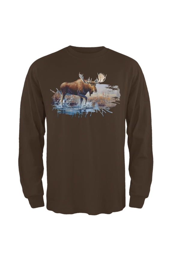 Moose Crossing the River Mens Long Sleeve T Shirt Brown LG