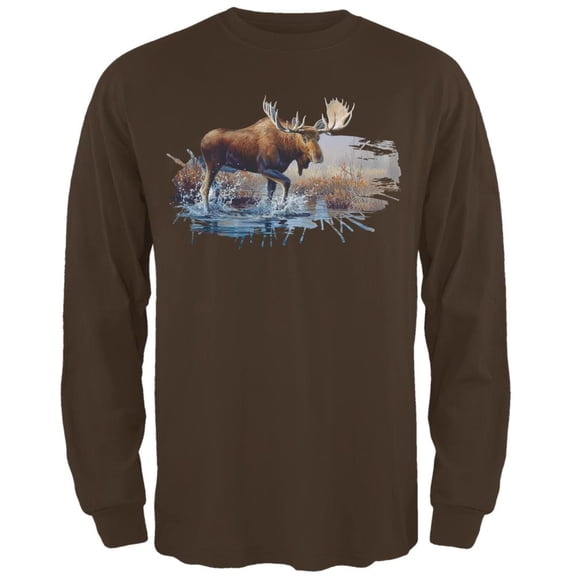 Moose Crossing the River Mens Long Sleeve T Shirt Brown X-LG