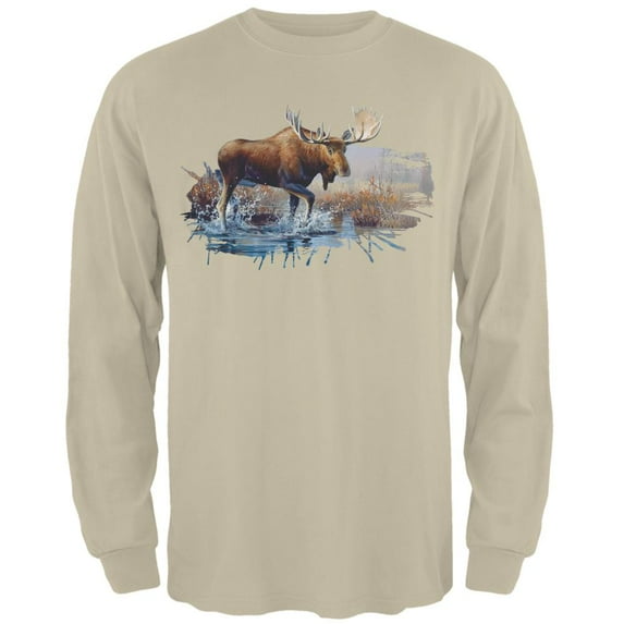 Moose Crossing the River Mens Long Sleeve T Shirt Sand MD