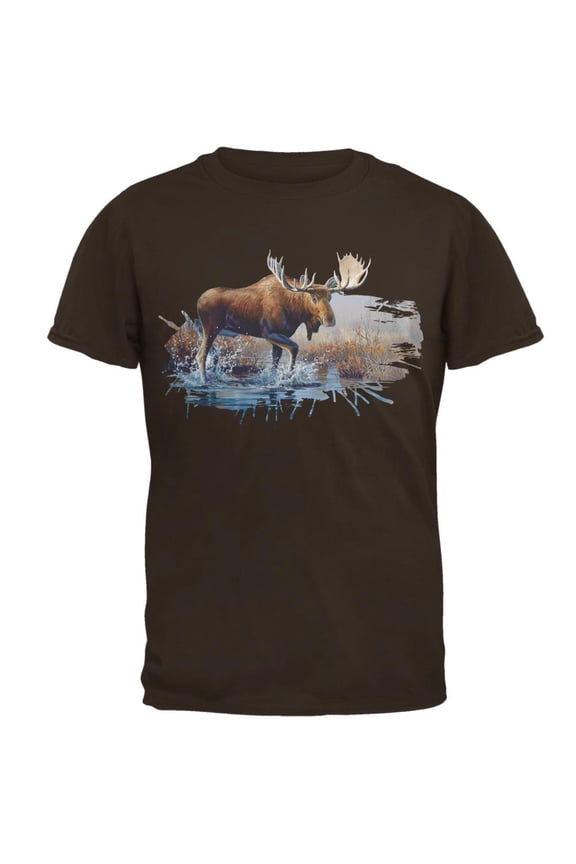 Moose Crossing the River Mens T Shirt Brown X-LG