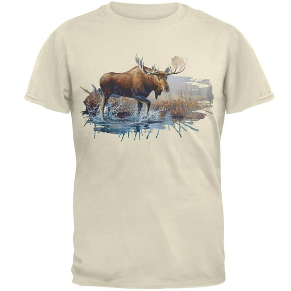 Moose Crossing the River Mens T Shirt Natural SM
