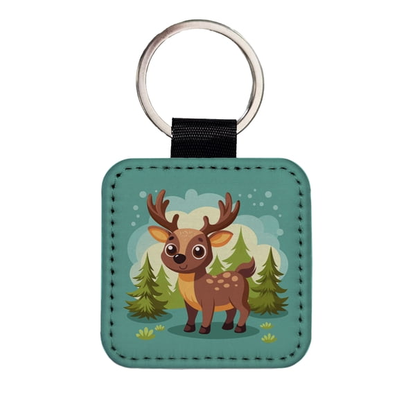 Moose Cute in Forest Faux Leather Square Keychain