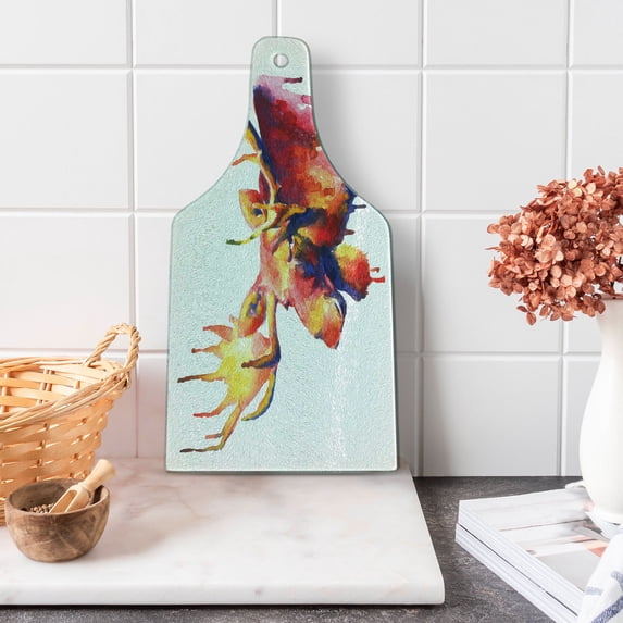 Moose Cutting Board, Psychedelic Watercolor Paintbrush Style Vivid Toned Moose Aquarelle Picture, Decorative Tempered Glass Cutting and Serving Board, Wine Bottle Shape, Orange and Pink, by Ambesonne