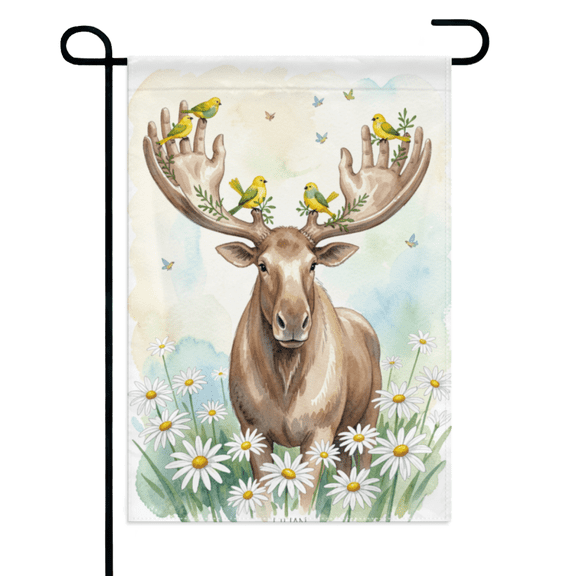 Moose Daisy Floral Garden Flag 12×18in Double Sided, Hello Spring Summer Vertical Style, Linen Outdoor Yard House Seasonal Decor