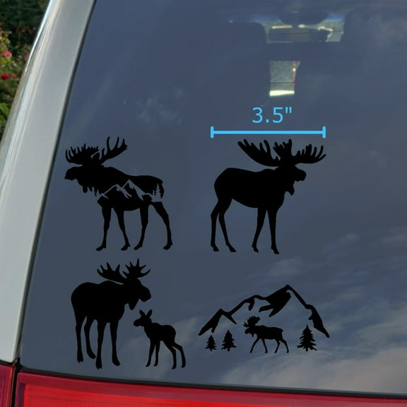 Moose Decal 4 Pack: Moose Mountain Silhouette, Moose with Calf, Walking, Mountain Moose