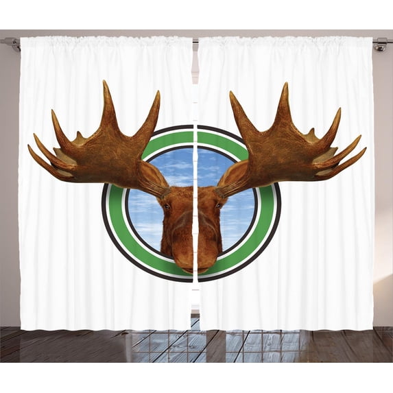 Ambesonne Humor Curtains 2 Panel Set, Northern Fauna Deer, 108" x 84", Green Brown
