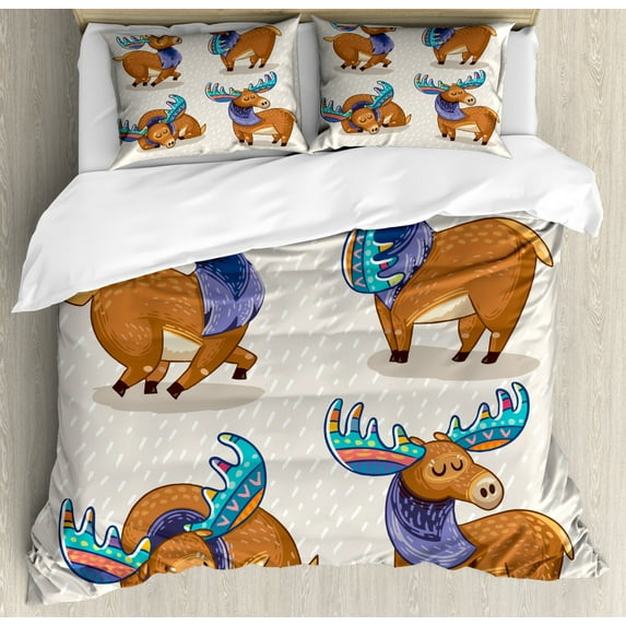 Moose Decor King Size Duvet Cover Set, Kids Cartoon Inspired Cute Elks with Antlers Friendly Nursery Artwork, Decorative 3 Piece Bedding Set with 2 Pillow Shams, Multi, by Ambesonne
