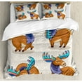 thumbnail image 1 of Moose Decor Queen Size Duvet Cover Set, Kids Cartoon Inspired Cute Elks with Antlers Friendly Nursery Artwork, Decorative 3 Piece Bedding Set with 2 Pillow Shams, Multi, by Ambesonne, 1 of 3
