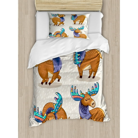 Moose Decor Twin Size Duvet Cover Set, Kids Cartoon Inspired Cute Elks with Antlers Friendly Nursery Artwork, Decorative 2 Piece Bedding Set with 1 Pillow Sham, Multi, by Ambesonne
