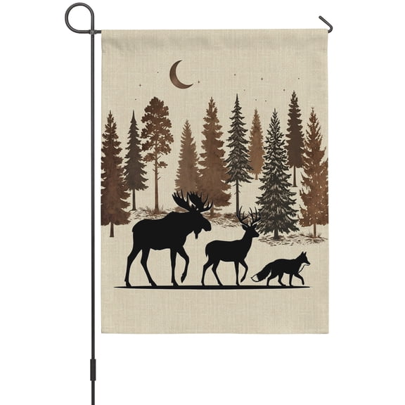 Moose Deer Garden Flag 12 x 18 Inches, Rustic Farmhouse Pine Brown Wilderness Linen Texture Weather Proof Outdoor Patio Flags Double Sided Small Garden Decoration for Yard Outside Home