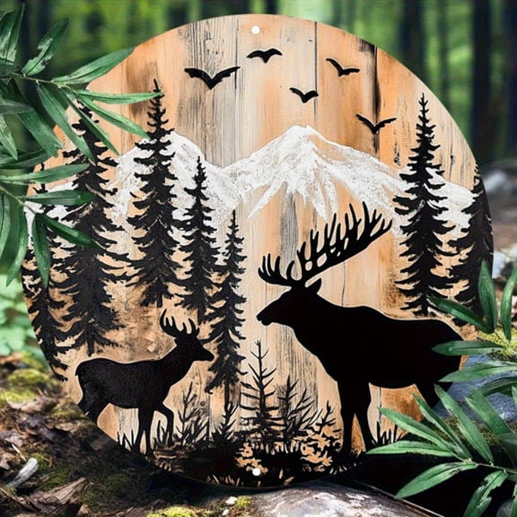 Moose & Deer Silhouette at Snow-Capped Mountain Round Aluminum Sign - Wildlife Wall Decor, 1pc, 8" Wall Art Metal Sign, For Office, Cafe, Bedroom Decor, Room, Home, Ideal Gift, Weather Resistant, 2D