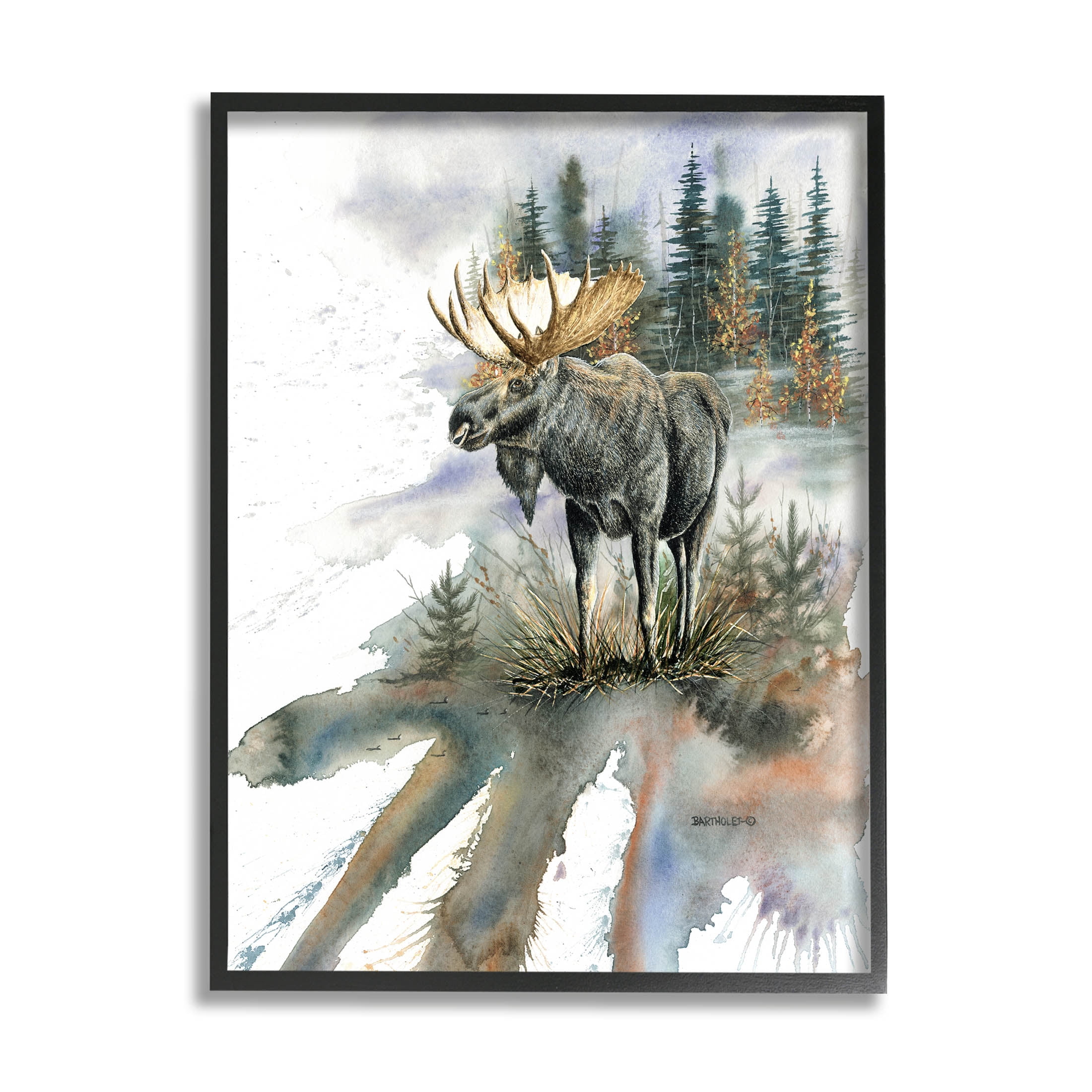 Moose Distant Forest Arrangement Animals & Insects Graphic Art Black Framed Art Print Wall Art