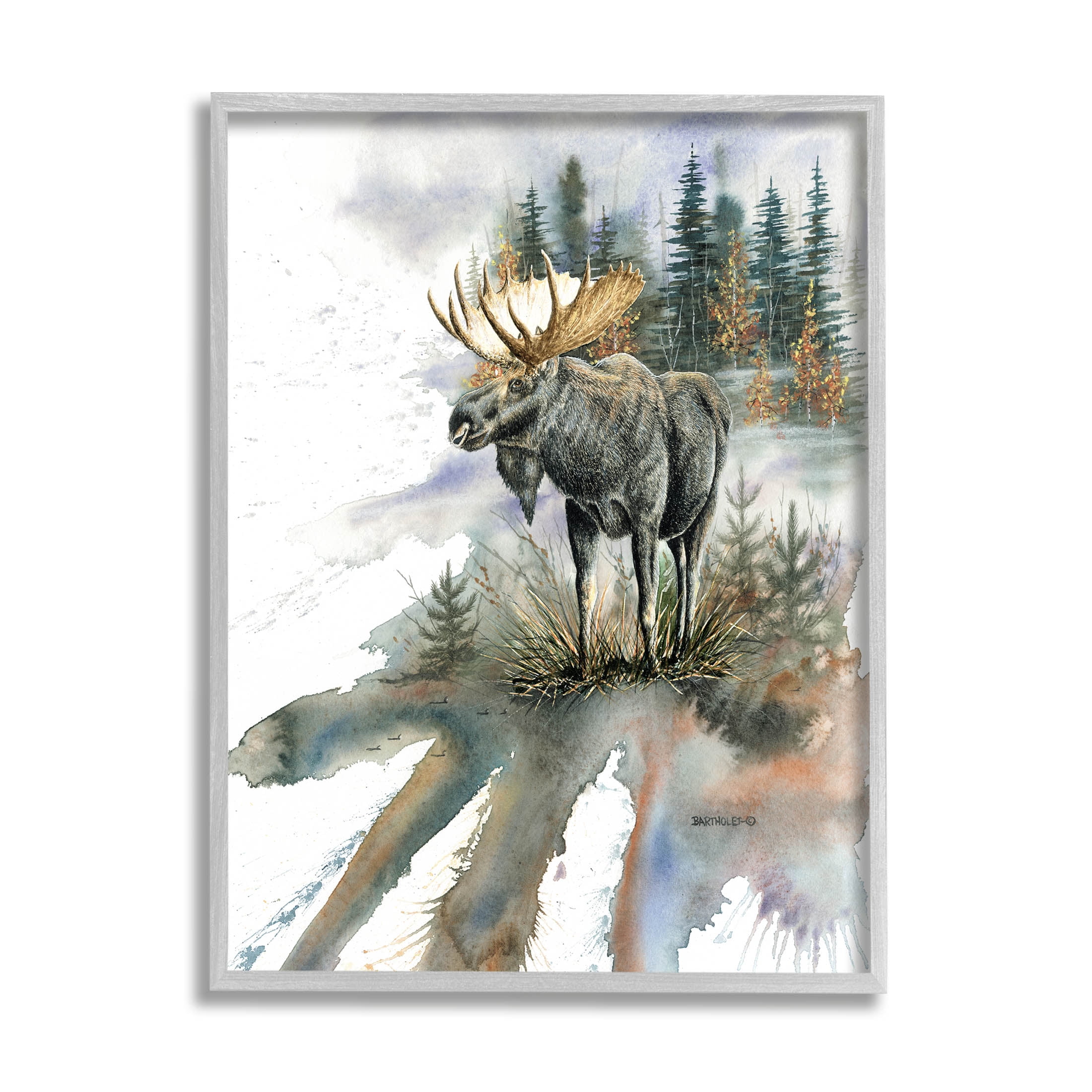 Moose Distant Forest Arrangement Animals & Insects Graphic Art Gray Framed Art Print Wall Art