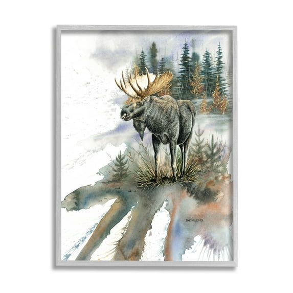 Moose Distant Forest Arrangement Animals & Insects Graphic Art Gray Framed Art Print Wall Art