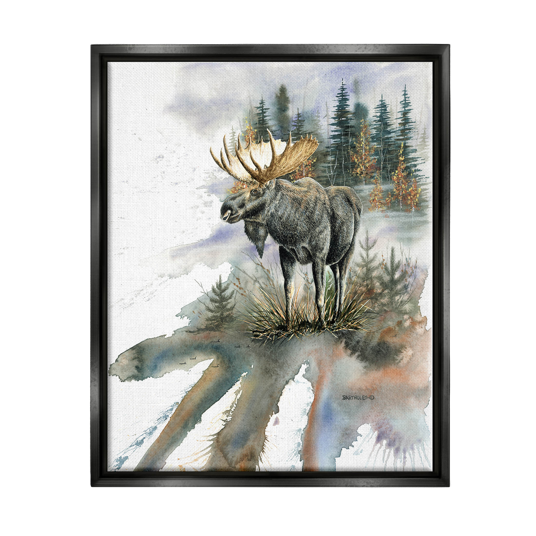 Moose Distant Forest Arrangement Animals & Insects Graphic Art Jet Black Framed Art Print Wall Art