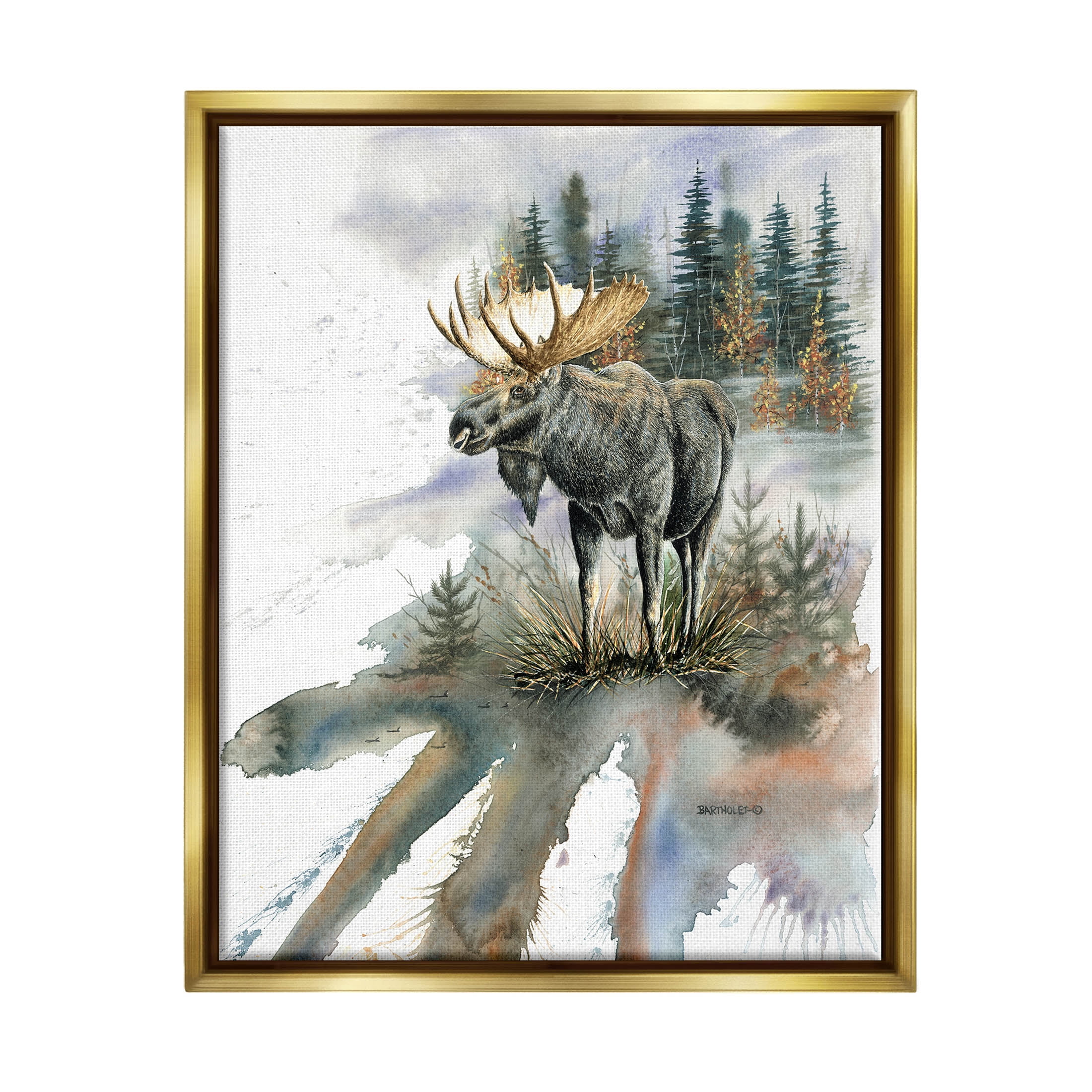 Moose Distant Forest Arrangement Animals & Insects Graphic Art Metallic Gold Framed Art Print Wall Art