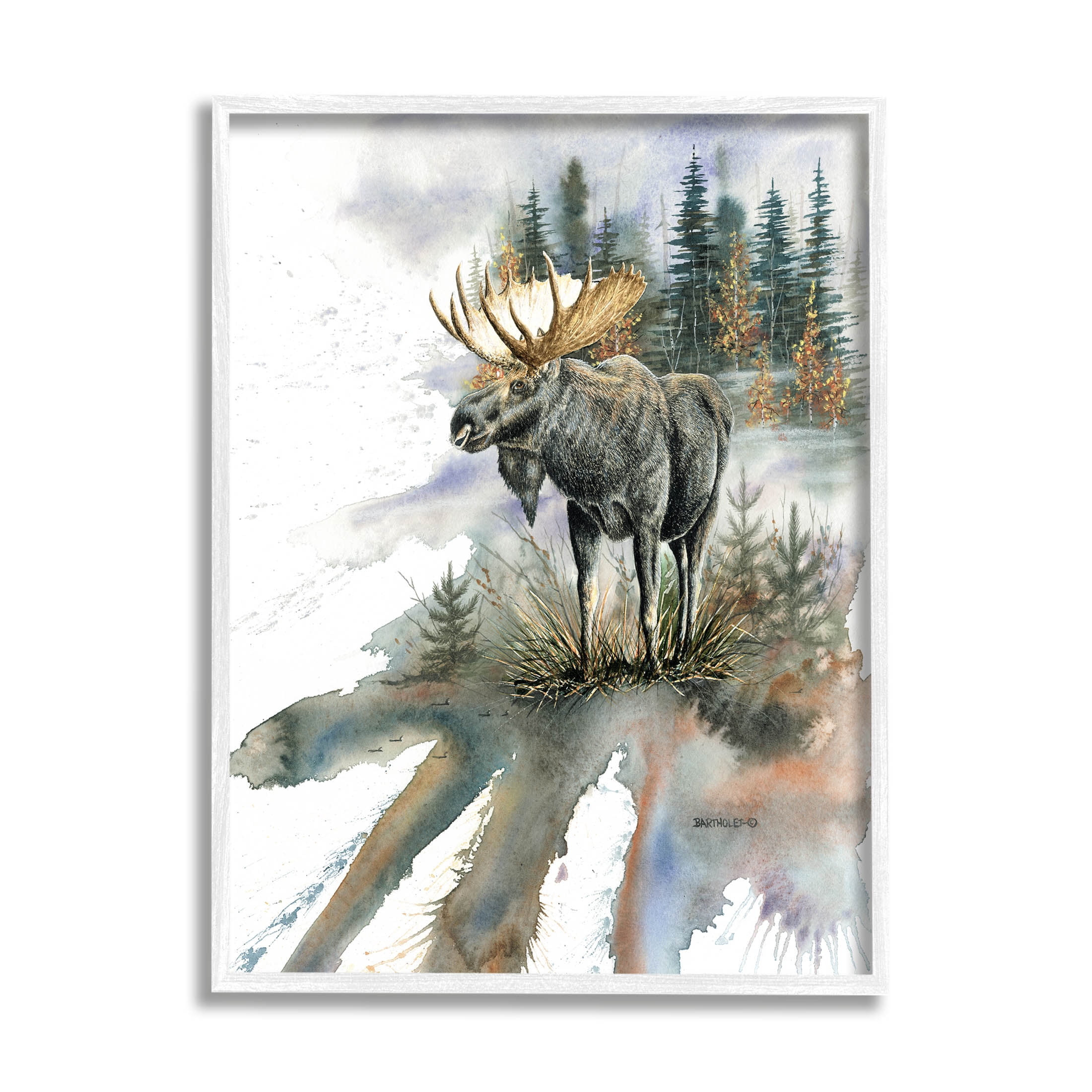 Moose Distant Forest Arrangement Animals & Insects Graphic Art White Framed Art Print Wall Art