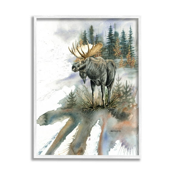 Moose Distant Forest Arrangement Animals & Insects Graphic Art White Framed Art Print Wall Art
