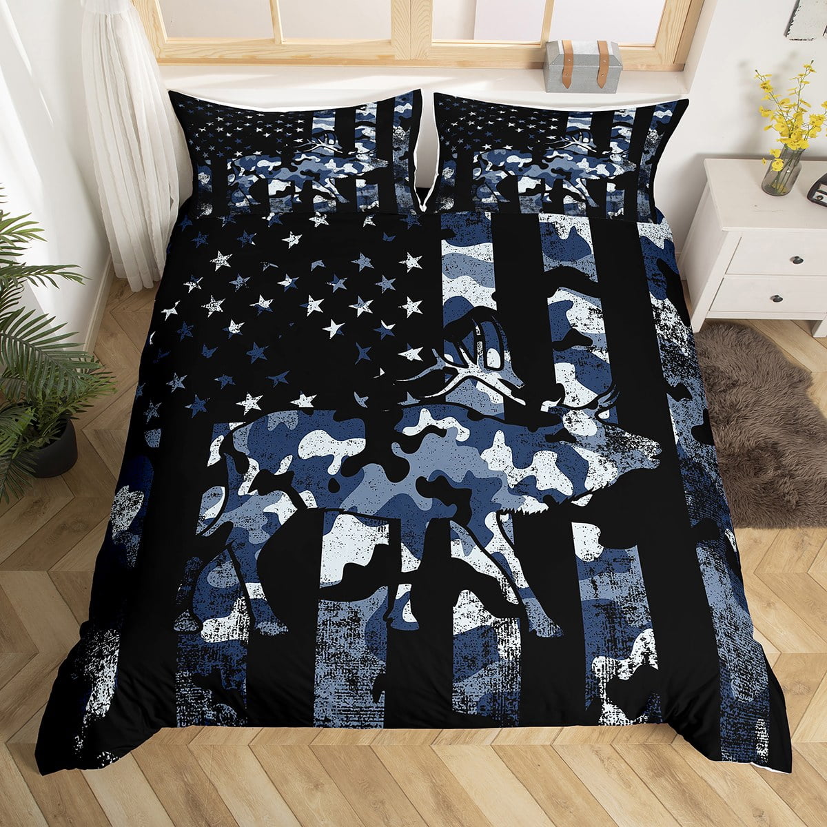 Moose Duvet Cover Queen Elk Deer American Flag Bedding Set,Navy Blue Camouflage USA National