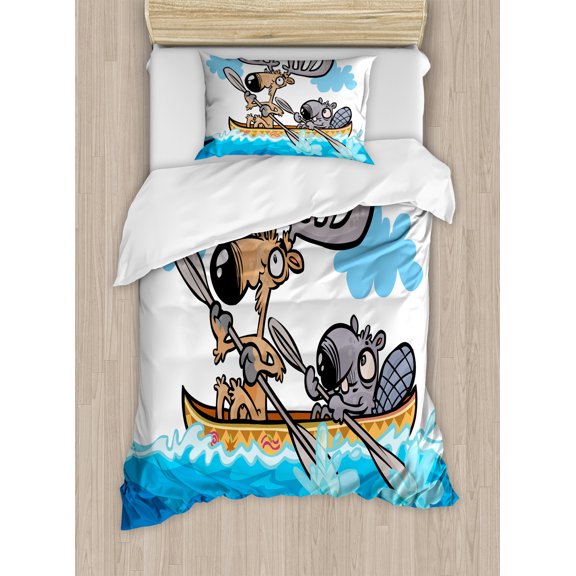 Moose Duvet Cover Set, American Animals Boat Beaver Friend Canoe River Fun Native Characters Cartoon, Decorative 2 Piece Bedding Set with 1 Pillow Shams, Twin Size, Blue White Brown, by Ambesonne